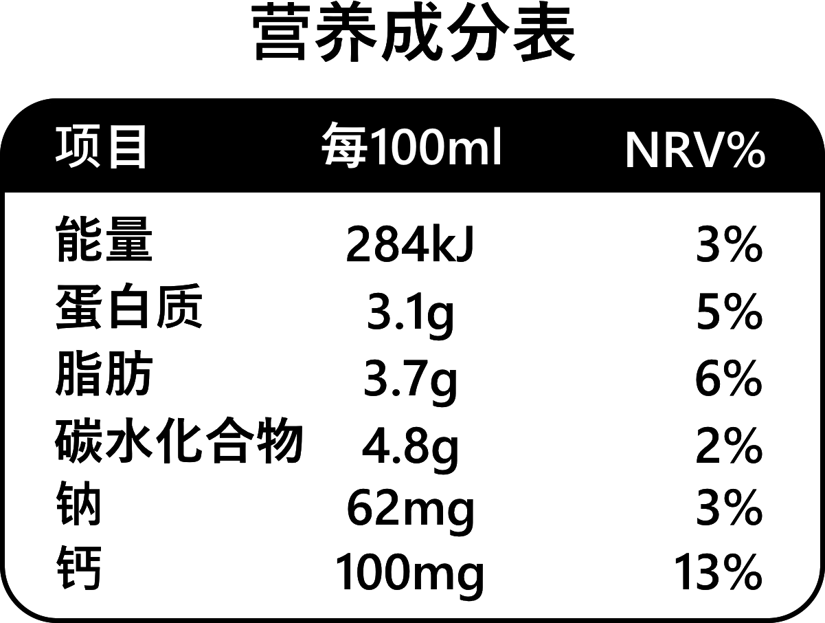 Tabela nutricional em chinês, com valores por 100 ml e percentual de referência